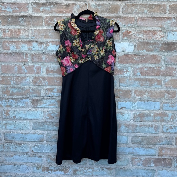 Vintage Cocktail Dress 60s 70s Lurex Floral Fit Flare A-line Sleeveless Midi - Picture 7 of 15